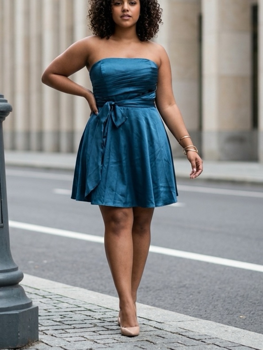 Strapless Satin Cocktail Dress in Dark Blue